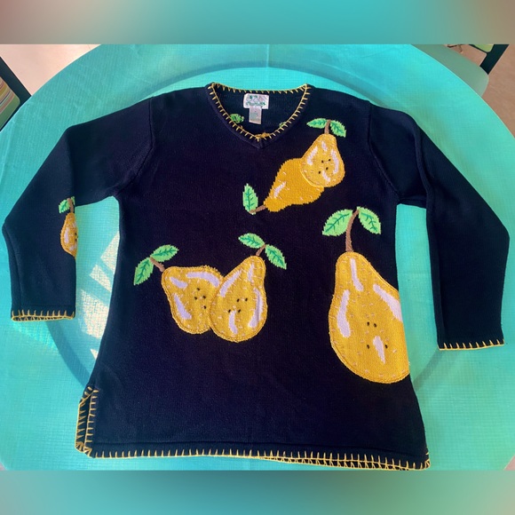 🍐THE QUAKER FACTORY🍐TUNIC SEQUIN BEADED PEARS STITCHED TRIM SIDE SLIT SWEATER - Picture 4 of 10